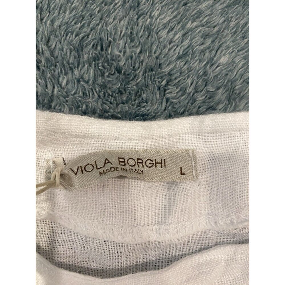 Viola Borghi L Cropped Top White 100% Linen From Italy Short Ruffle  Sleeves NEW - Picture 3 of 9